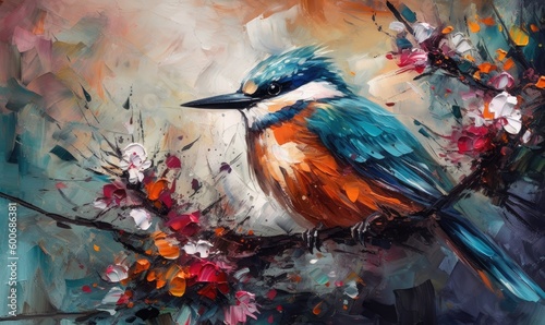 Acrylic painting of bird and spring flower. Modern art paintings brush stroke on canvas, generative AI