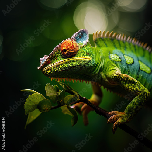 Chameleon in the foreground, with the jungle in the background. Nature. generate by ai © MoniStock