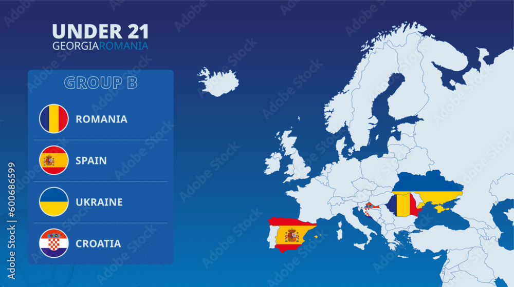 Obraz premium Map of Europe with marked maps of countries participating in group B of the European Under 21 football tournament 2023.