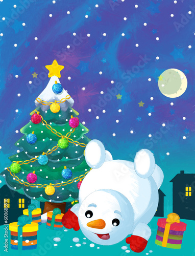 Christmas happy scene with snowman and christmas tree - illustration for the children