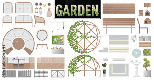 Garden Vector Set with Plan and Elevation Views of Outdoor Furniture