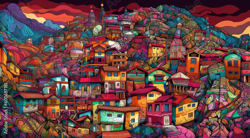 Surreal mountain village illustration - Generative AI