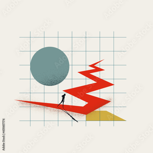 A businesswoman walks zig zag path towards horizon in minimalist vector illustration symbolizing ambition and growth.