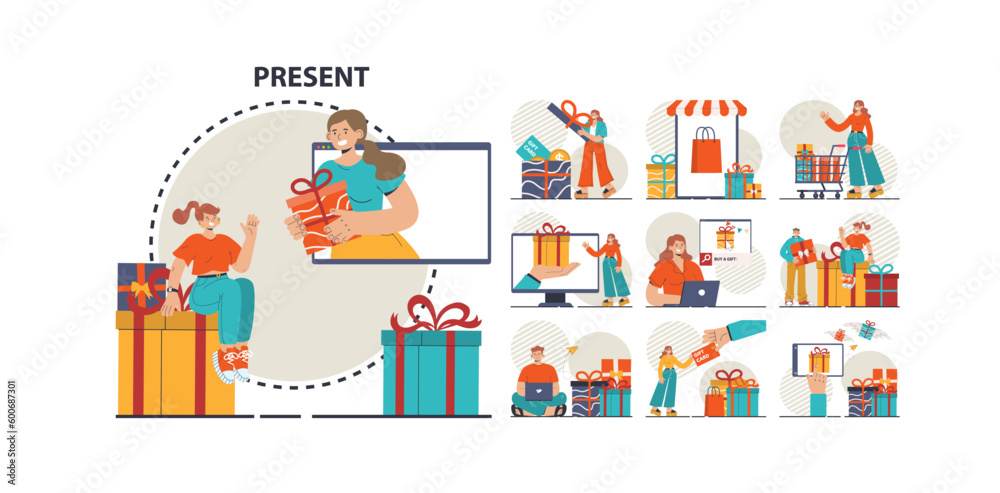 Happy people with gifts boxes set. Character group holding, recieving Happy people with gifts boxes set. Character group holding, recieving