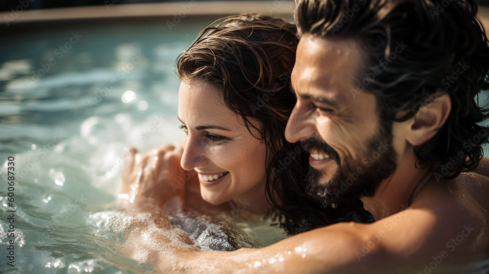 Happy couple having fun in the pool and enjoy the summer. Smiling and laughin at sunshine. Generative Ai