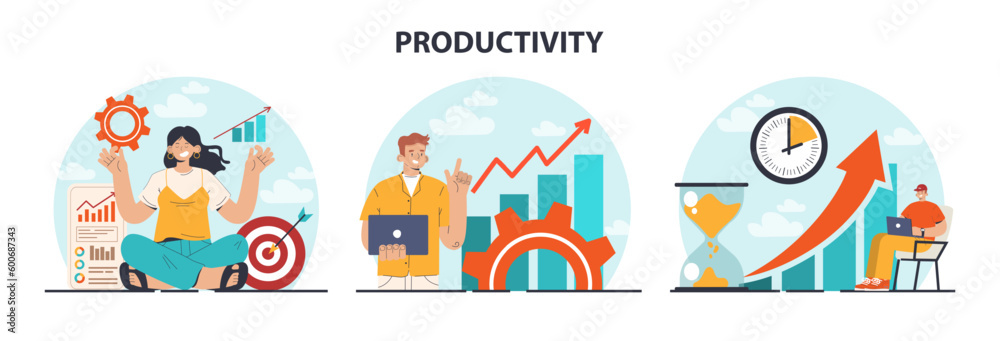 Productivity concept set. Character worktime optimization. Employee job