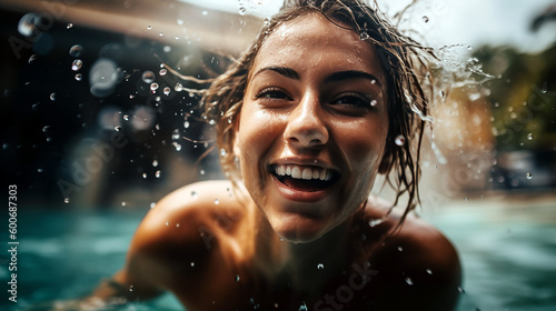 Close up portrait of a tanned woman having fun in a pool in summer. Generative AI