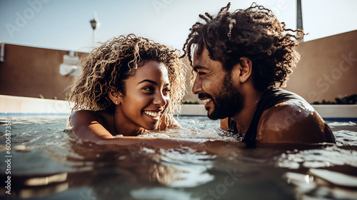 Happy black couple has fun in the pool and enjoys the summer. Smiling and laughin at sunshine. Generative Ai