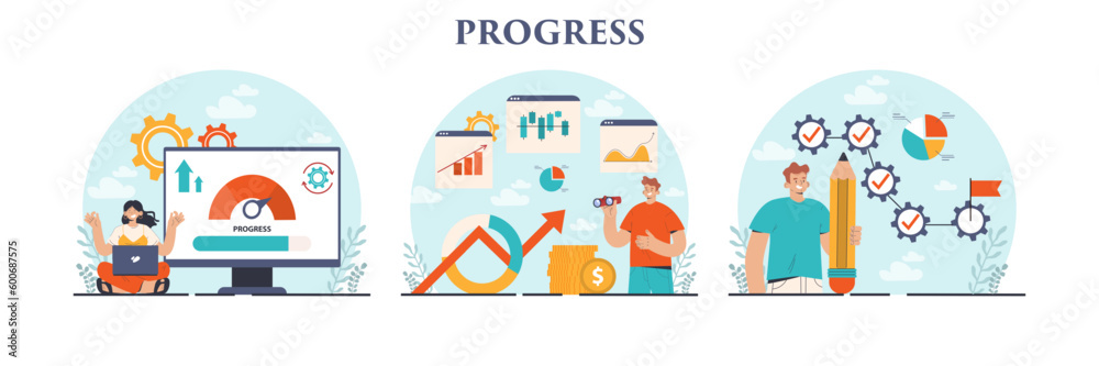 Progress concept set. Business or personal development. Idea of finance