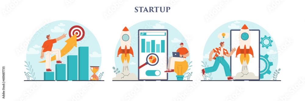 Startup concept set. New business launching. Idea of project planning, Startup concept set. New business launching. Idea of project planning,