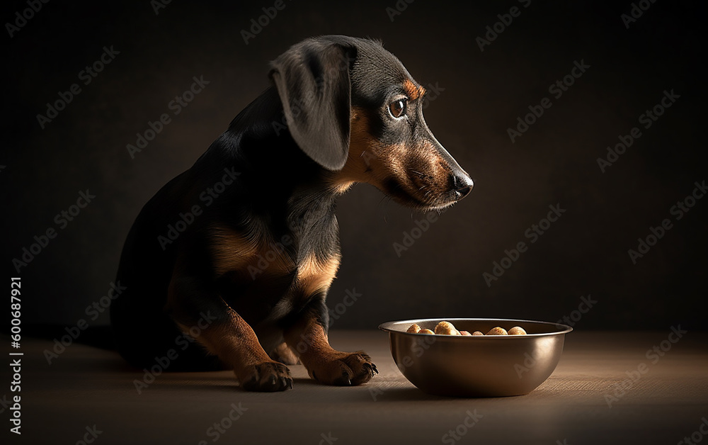 Captivating Dachshund gazing intently at a bowl of food, exuding patience and anticipation against a dimly lit backdrop.