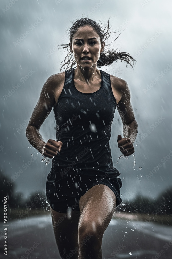 A person running in the rain, with drops of water falling around them and  creating ripples