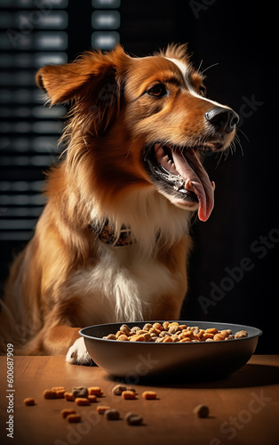 Golden-furred dog gleaming under soft light, poised next to a bowl of kibble, with the play of shadows on a wooden table, capturing a moment of anticipation.