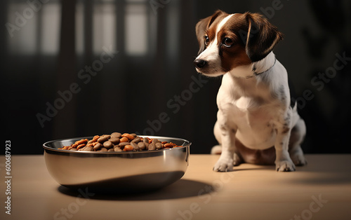 A contemplative Beagle sits beside a filled bowl  perhaps pondering the forthcoming feast. 