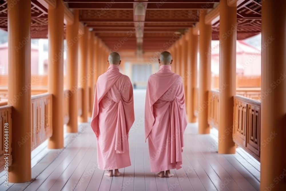 Buddhist nuns walking barefoot on a temple patio, rear view. Generative AI