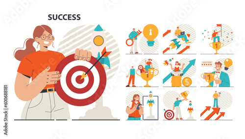 Success concept set. Winning in competition. Getting reward or prize