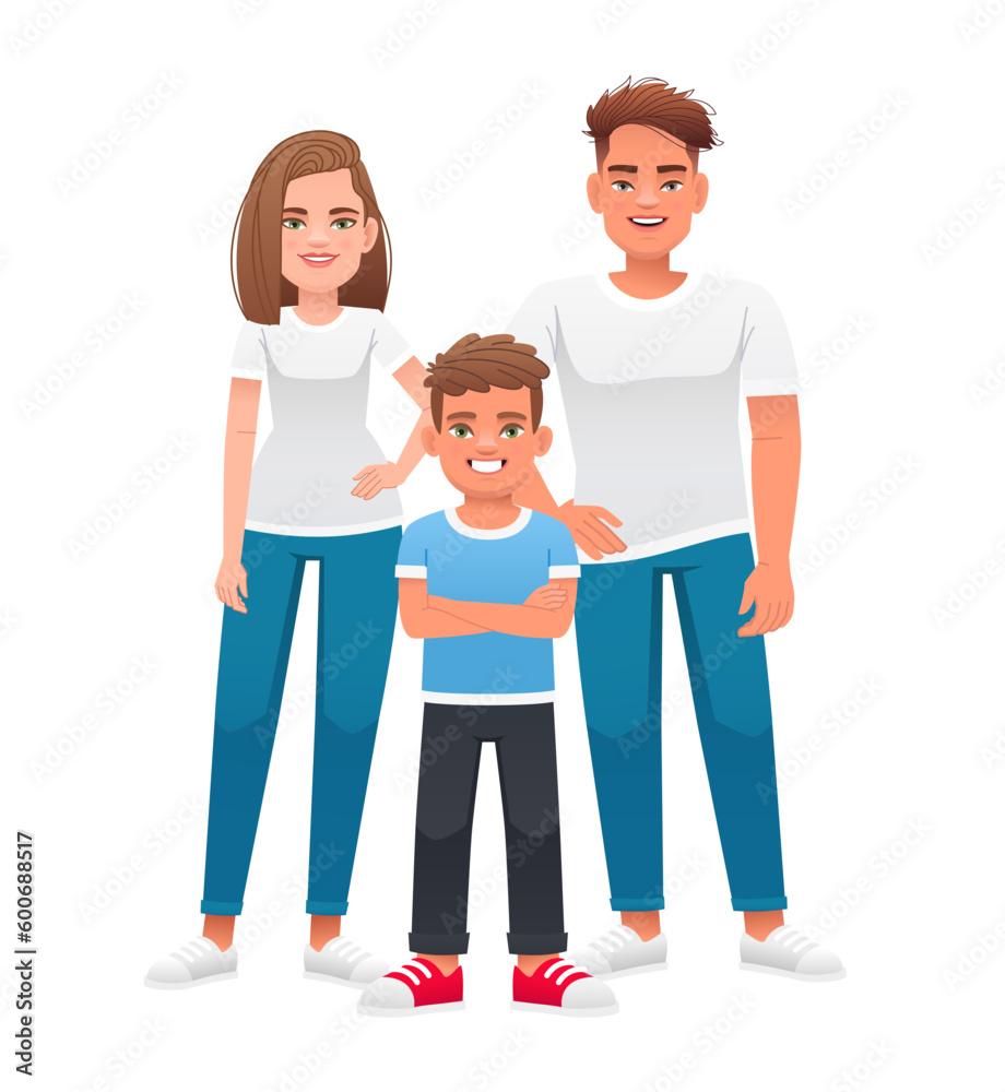Friendly strong happy family with one child. Mom, Dad and son. Beautiful and smiling cell of society. Vector illustration