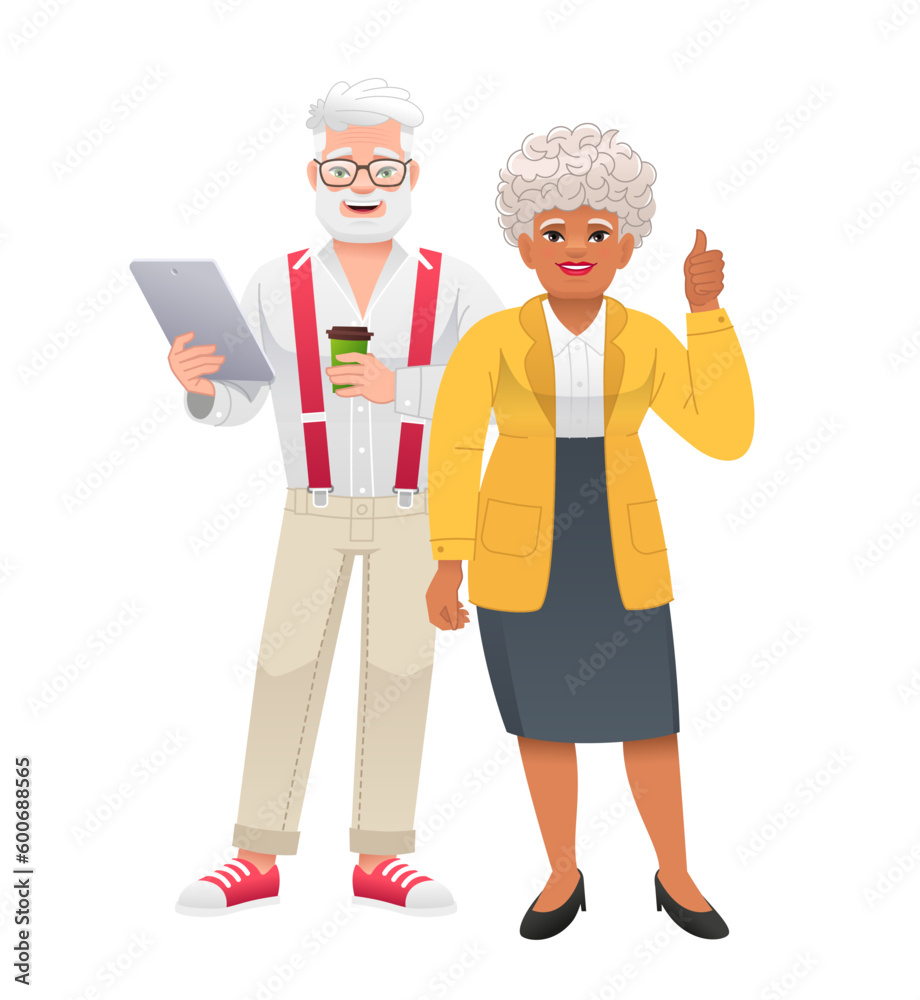 White old man with a laptop and a glass of coffee in his hands is standing next to a beautiful elderly woman. Friendly strong happy family. Smiling cell of society.