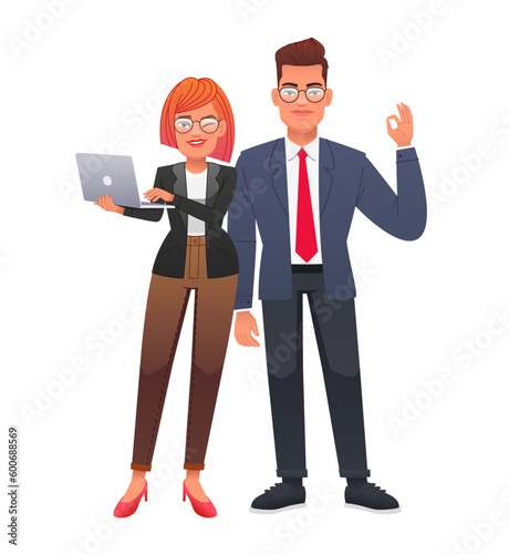Young girl with a laptop and a businessman with glasses. Friendly strong happy family. Beautiful and smiling cell of society.