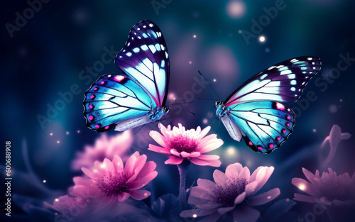 Two butterflies sitting on purple flowers. Generative AI.