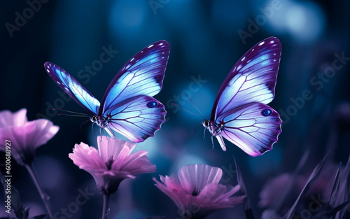 Two butterflies sitting on purple flowers. Generative AI.