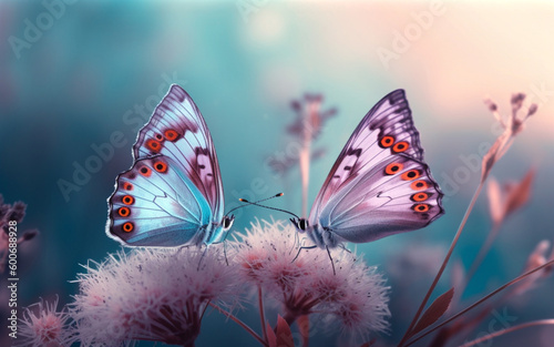 Two butterflies sitting on purple flowers. Generative AI.