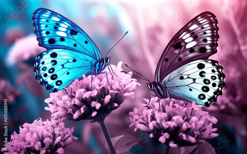 Two butterflies sitting on purple flowers. Generative AI.