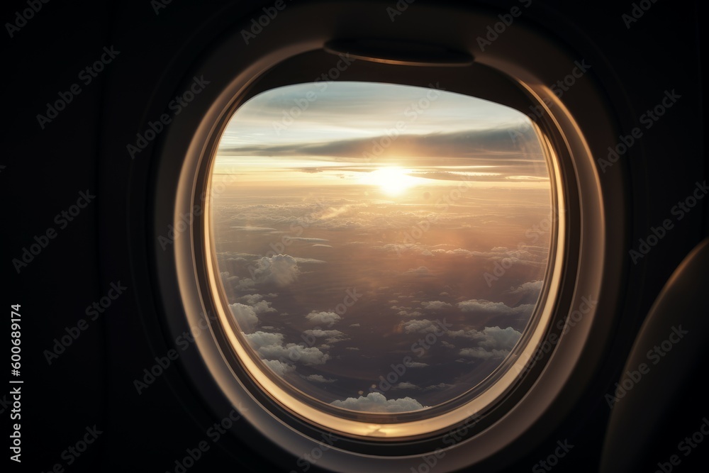 Airplane window sunset. Generate Ai