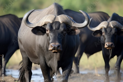 African buffalo near river. Generate Ai