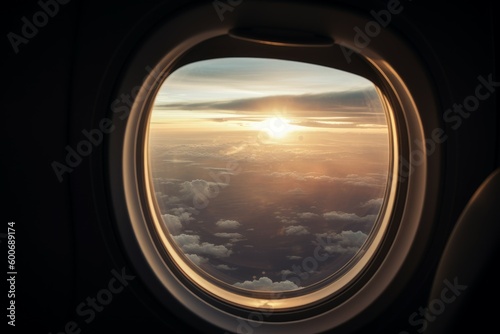 Airplane window sunset. Generate Ai