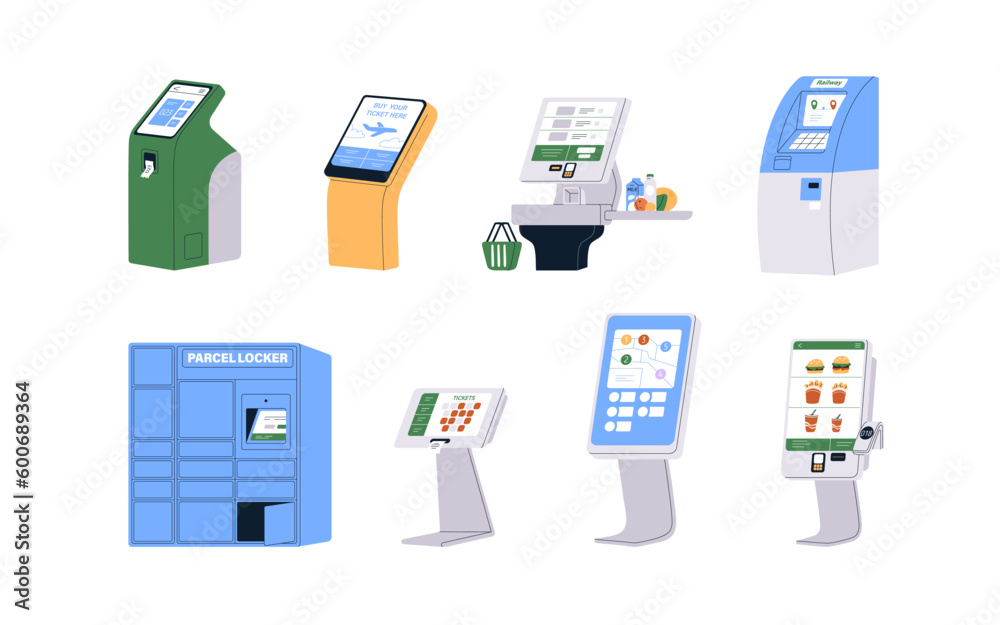 Self-service kiosks set. Electronic equipment with digital screens for buying tickets, ordering food, paying, parcels, information. Flat graphic vector illustrations isolated on white background Self-service kiosks set. Electronic equipment with digital screens for buying tickets, ordering food, paying, parcels, information. Flat graphic vector illustrations isolated on white background