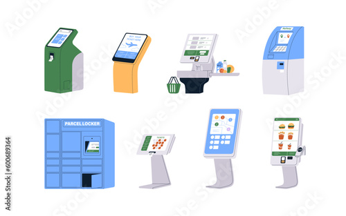 Self-service kiosks set. Electronic equipment with digital screens for buying tickets, ordering food, paying, parcels, information. Flat graphic vector illustrations isolated on white background