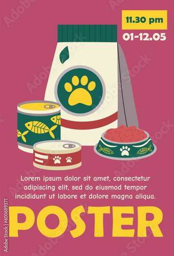 Poster, banner template design with canned food, a plate with fodder and text. Typography.