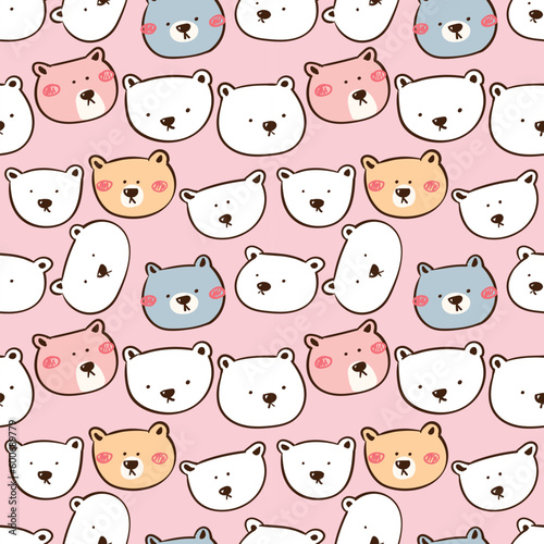 Fototapeta Naklejka Na Ścianę i Meble -  Seamless Pattern with Cartoon Bear Face Design on Pink Background