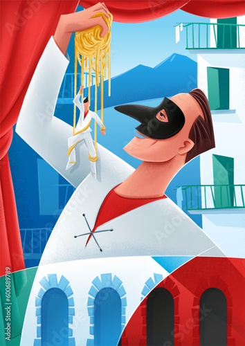retro illustration naples vesuvius spaghetti Pulcinella in the alleys of the Spanish quarters