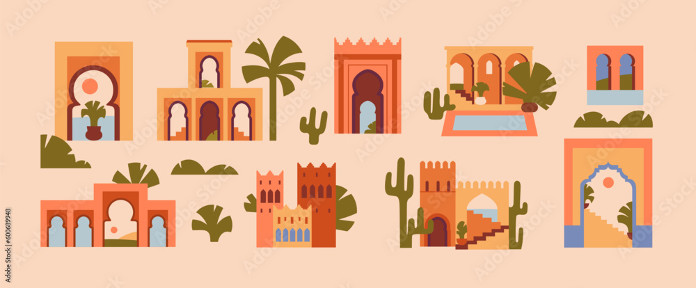 Abstract Morocco architecture set. Moroccan houses decor, building decorations set. Traditional Arab arch doors, windows, gates. Ancient East oriental aesthetic. Flat graphic vector illustrations