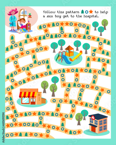 Maze game, activity for kids. Puzzle for children. Follow the pattern, draw line. Cute doctor and sick boy in room. Hospital and city buildings. Vector illustration.
