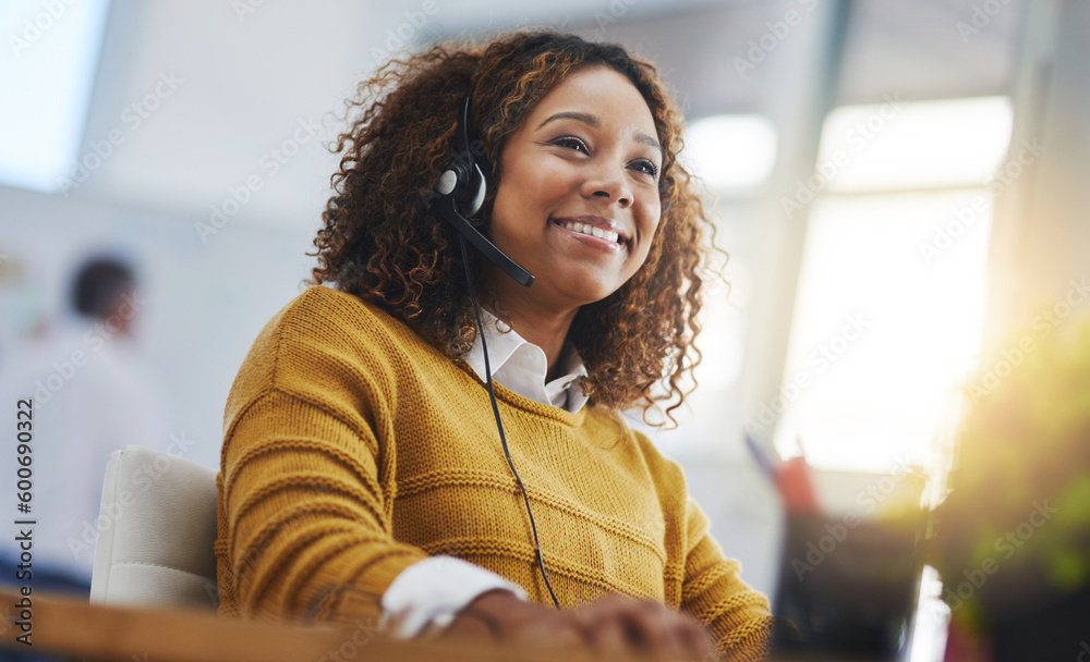 African woman, call center agent or smile with voip for consulting, listening or contact us in office. Female consultant, customer service or tech support crm with headphones, microphone or help desk - obrazy, fototapety, plakaty 