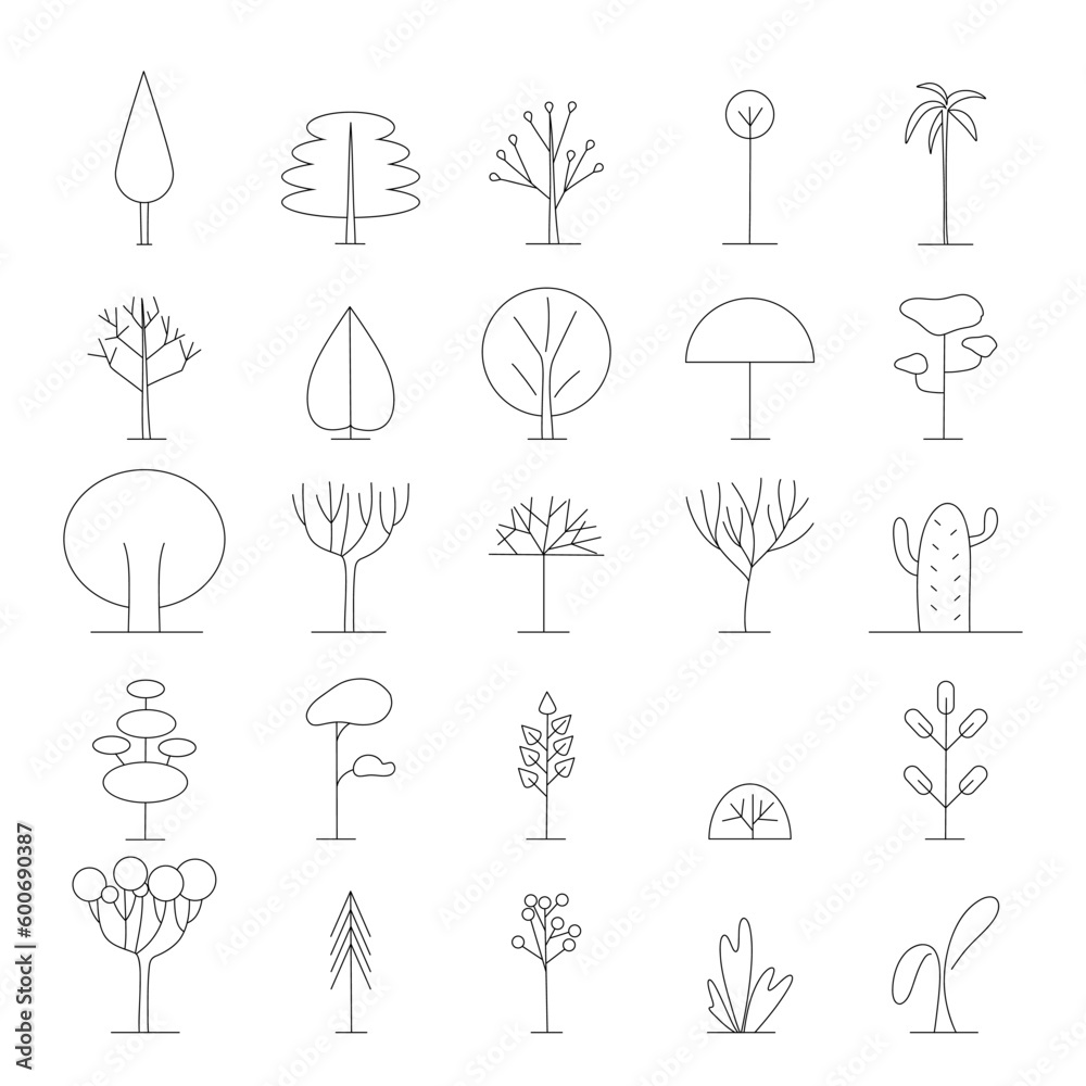 Line trees. Minimal nature forest or park. Minimalism style plants. Abstract logo design. Eco bio symbols, black outline botanical elements. Spruce pine and oak. Vector isolated set Line trees. Minimal nature forest or park. Minimalism style plants. Abstract logo design. Eco bio symbols, black outline botanical elements. Spruce pine and oak. Vector isolated set