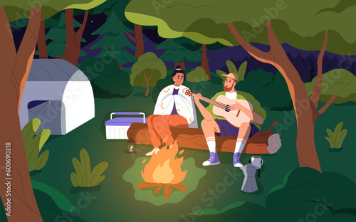 Couple at summer camp at night. Young man and woman tourists playing guitar, singing songs, sitting by fire, campfire in nature, forest at weekend on holiday, vacation. Flat vector illustration