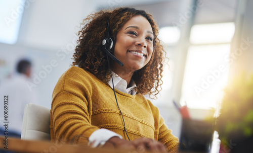 African woman, call center agent or smile with voip for consulting, listening or contact us in office. Female consultant, customer service or tech support crm with headphones, microphone or help desk