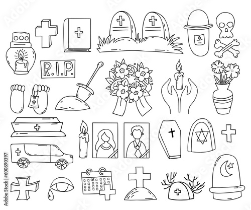 Death and funeral symbol. Grave, cross, cemetery, portrait of deceased, lampada, coffin and hearse, skull and crossbones and ashes, wreath and candle. Set vector doodles. Isolated outline drawings