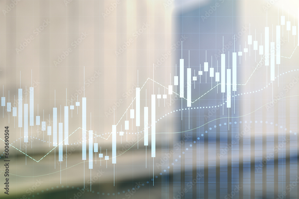 Abstract virtual financial graph hologram on blurry contemporary office building background, financial and trading concept. Multiexposure Abstract virtual financial graph hologram on blurry contemporary office building background, financial and trading concept. Multiexposure