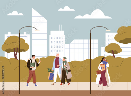 People walking on city street, sidewalk. Citizens, young, senior men, women stroll. Pedestrians going with phone, coffee, shopping bags. Modern urban life, lifestyle concept. Flat vector illustration