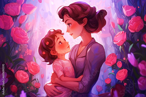 Illustration for Mother 's Day . Tender embraces of a child and a mother. Generative AI. The family is surrounded by flowers.