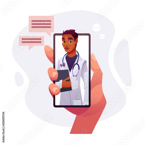 Online Medicine Concept. Hand Holds a Phone with a Black Doctor. Consultation Service. Vector Illustration in Cartoon Style.
