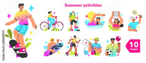 Healthy and active lifestyle set. Diverse characters enjoying being outside