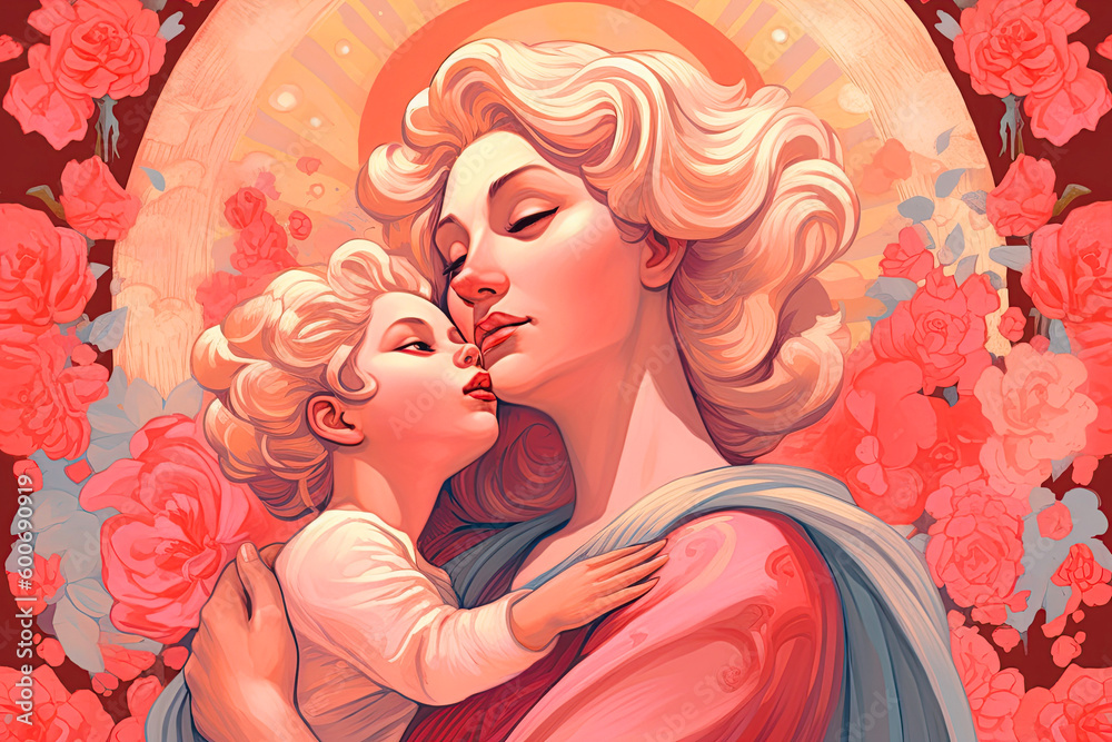 Illustration for Mother's Day. Embrace of mother and child. A divine, ecclesiastical concept. Generative AI. Illustration for Mother's Day. Embrace of mother and child. A divine, ecclesiastical concept. Generative AI.