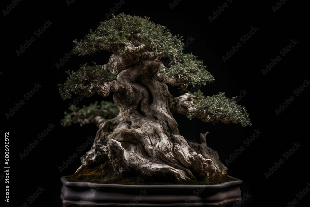 Fototapeta premium Aged bonsai tree isolated on black background generative ai
