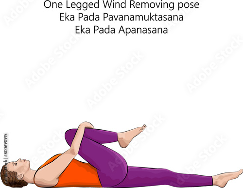 Young woman practicing yoga exercise, doing One Legged Wind Removing pose. Eka Pada Pavanamuktasana. Eka Pada Apanasana. Supine and Forward Bend. Vector illustration isolated on white background.